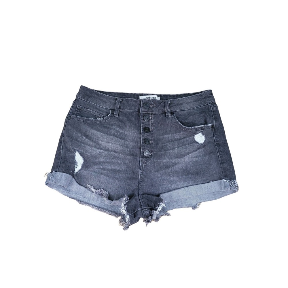 Refuge‎ Shorts 8 Womens Button Fly Raw Hem High Rise Black Distressed Casual